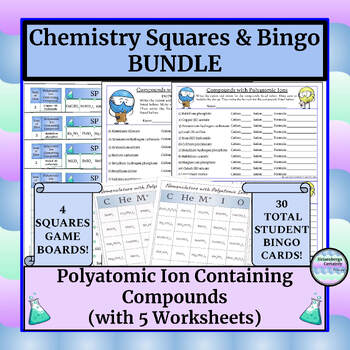 Preview of Chemistry Game (Squares & Bingo)-Polyatomic Ion Compounds - Formulas -Worksheets