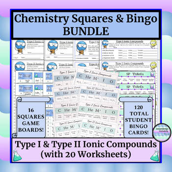 Preview of Chemistry Games (Bingo & Squares)-Type I & II Ionic-Names & Formulas-Worksheets