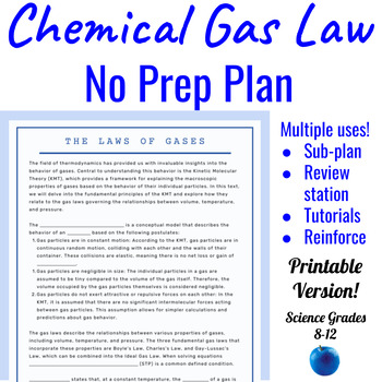 Preview of Chemistry Gas Laws Reading Cloze + Puzzles Easy Sub Plan || Chemistry Review