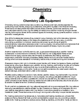Preview of Chemistry Lab Equipment Article & Questions Assignment (PDF)