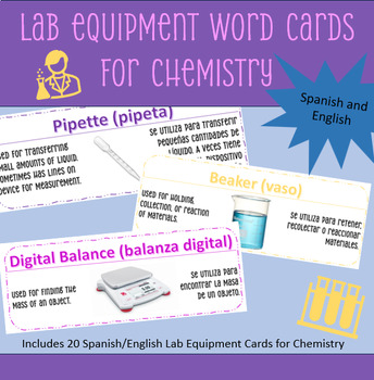 Preview of Chemistry Lab Equipment Cards In Spanish and English