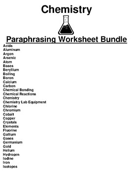 Preview of Chemistry Paraphrasing Worksheet Packet (70 Topics)
