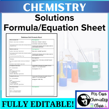 Preview of Chemistry Physical Science Solutions Unit Formula Sheet [great for tests]