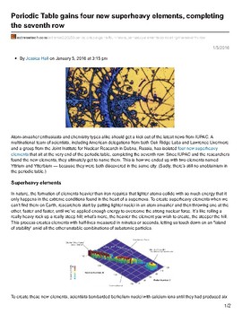 Preview of Chemistry Reading Comprehension - Discovery of 4 new superheavy elements