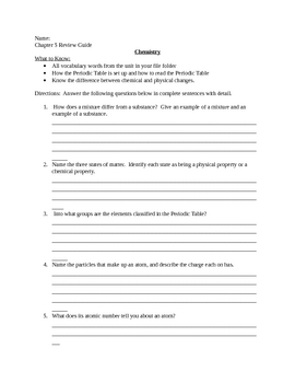 Preview of Chemistry Review Guide using Vocabulary Words