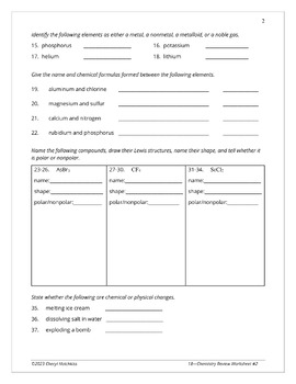 Chemistry Review Worksheet Second Quarter by Hotchkiss Science | TPT