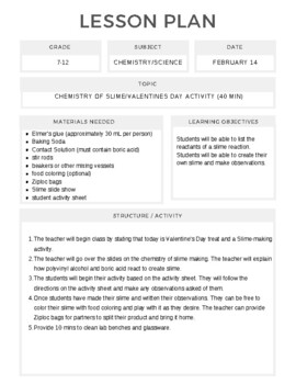 Preview of Chemistry Slime Making Lesson Plan and Student Activity Sheet