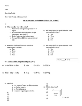 Preview of Chemistry Unit 1 Test - Density and Measurement