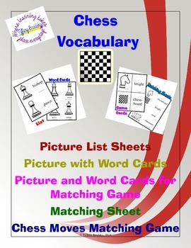 Preview of Chess Pieces Vocabulary Word Cards, Matching Game, Lists, and Matching Worksheet