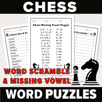 Preview of Chess Vocabulary Word Scramble & Missing Vowel Puzzle Worksheets