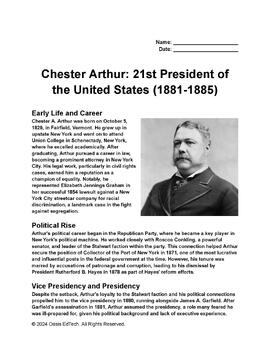 Preview of Chester Arthur: 21st President of the United States (1881-1885) Worksheet