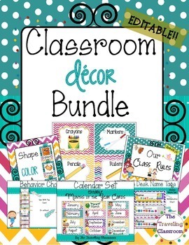 Preview of Chevron Polka Dot Theme Editable Classroom Decor Bundle