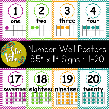 Preview of Chevron Number Wall Posters 1-20 with Numeral, Word, & Ten Frame
