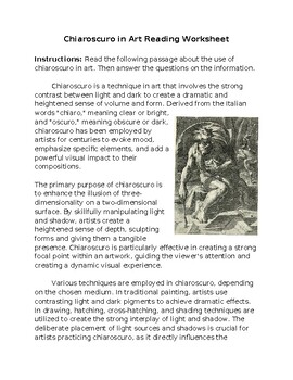 Preview of Chiaroscuro in Art Reading Worksheet **Editable**