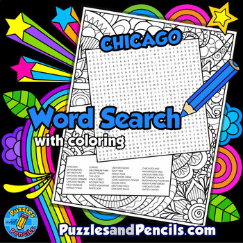 Preview of Chicago Word Search Puzzle Activity Page with Coloring | US Cities Series