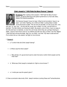 Preview of Chief Joseph's "I Will Fight No More Forever " Speech, Assessment, & Answer Key