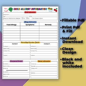 Preview of Child Allergy Information Form For Daycare, Childcare & Preschool. Allergy List