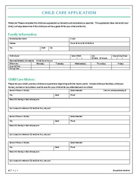 Preview of Child Care Application Form