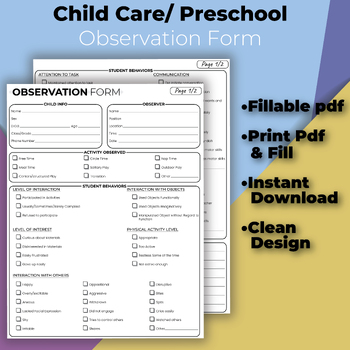 Preview of Child Care/Preschool Observation Form. Daycare Play/Activities Observation Form.