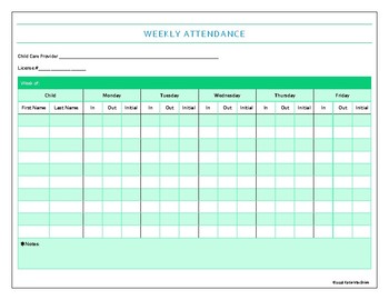 Preview of Child Care Weekly Attendance Record
