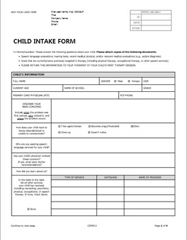 Preview of Child PDF and DOCX forms for Pediatric Private Practice in Speech Therapy