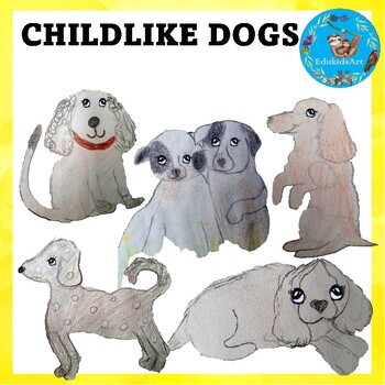 Preview of Childlike drawing clipart "dogs" with black and white version