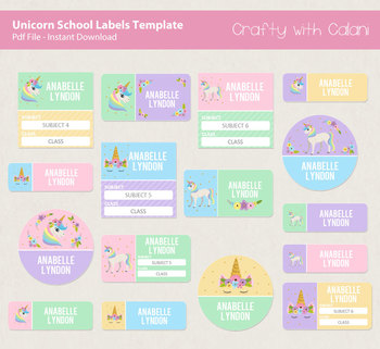 children school name labels in unicorn theme with editable text tpt