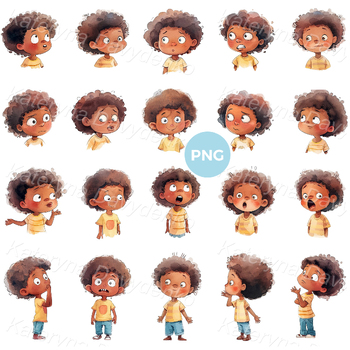 Preview of Children emotions clipart set. Face expressions of little african american boy