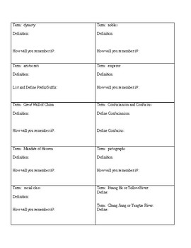 Preview of China Vocabulary Notes and Boxes