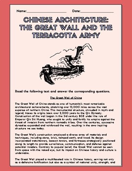 Preview of Chinese Architecture: The Great Wall/Terracotta Army Comprehension Worksheet