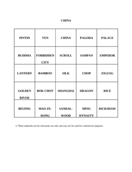 Preview of Chinese Culture Bingo