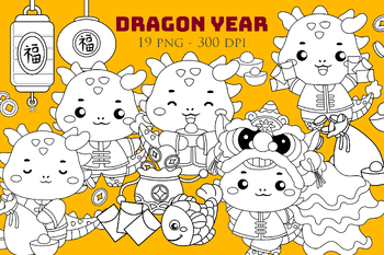 Preview of Chinese Dragon New Year Lunar Cartoon Digital Stamp Outline Black White