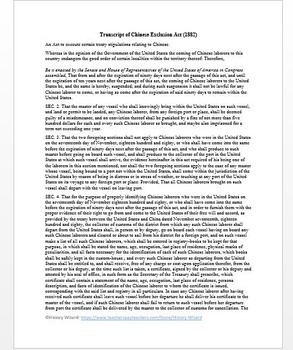 Chinese Exclusion Act of 1882 Primary Source Worksheet by History Wizard
