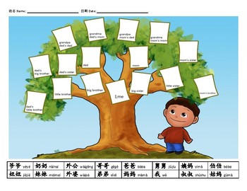 Preview of Chinese -Family member vocabulary practice sheet (cutting and pasting activity)