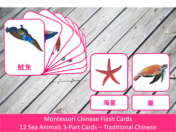 Preview of Chinese Flash Cards // Sea Animals // 12 Cards (Montessori) // Traditional