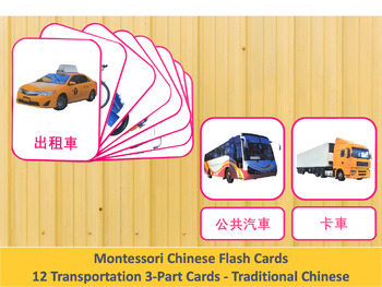Preview of Chinese Flash Cards // Transportation // 12 Cards (Montessori) // Traditional