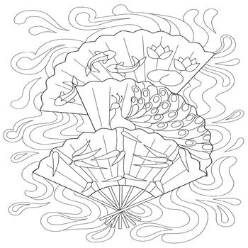Chinese Hand Fans With Fish & Peacock Coloring Page-Year of Rabbit New Year  2023