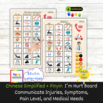 Preview of Chinese I'm Hurt Communication Board/Poster-Report Injuries Pain, Autism, AAC
