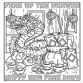 Chinese New Year 2024 Lunar Coloring Page - Dragon & Lucky Red Envelope ...