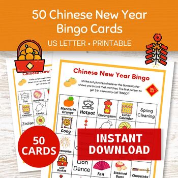 Preview of Chinese New Year Bingo Game, 50 Printable Cards, Lunar New Year Kids Activities