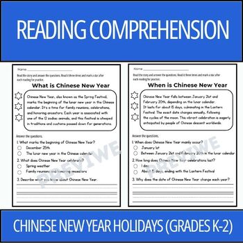 Preview of Chinese New Year Holidays Reading Comprehension Passages (Grades K-2)