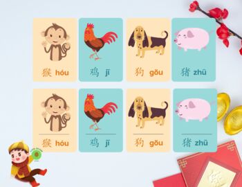 Chinese Zodiac Animals Learning Flashcards 3- Part Montessori Cards