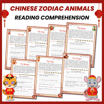 Preview of Chinese Zodiac Animals Reading Comprehension Worksheet Chinese New Year 2024