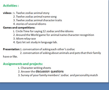 Preview of unit lesson plan:Chinese zodiac, animals , and  famous idioms related to animals