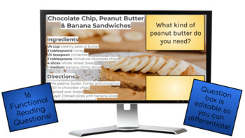 Preview of Chocolate Chip, PB & Banana Sandwich Recipe- A Functional Reading Activity