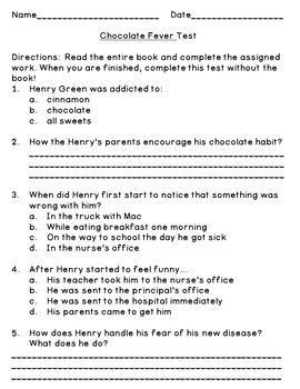 Chocolate Fever (Level O) Comprehension Questions and Book Quiz | TpT