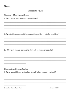 Preview of Chocolate Fever by Robert Kimmel Smith Comprehension Questions