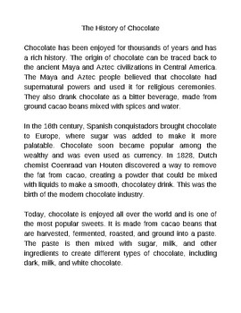Chocolate History Comprehension Passage & Questions (1190 Lexile)
