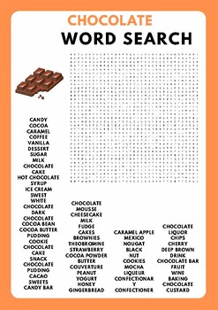 Chocolate word search Puzzle worksheet activities for kids, Morning Work.