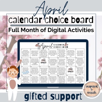 Preview of Choice Board Calendar for APRIL for digital or in person learning